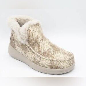 Hey DUDE 8 Denny Cream Tan Gold Metallic Slip On Faux Fur Tweed Booties